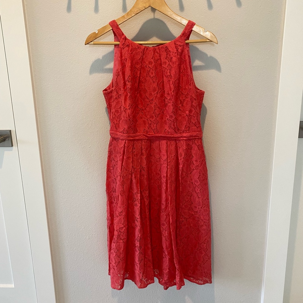 Tahari | coral halter style lace dress | size 8 | fit and flare